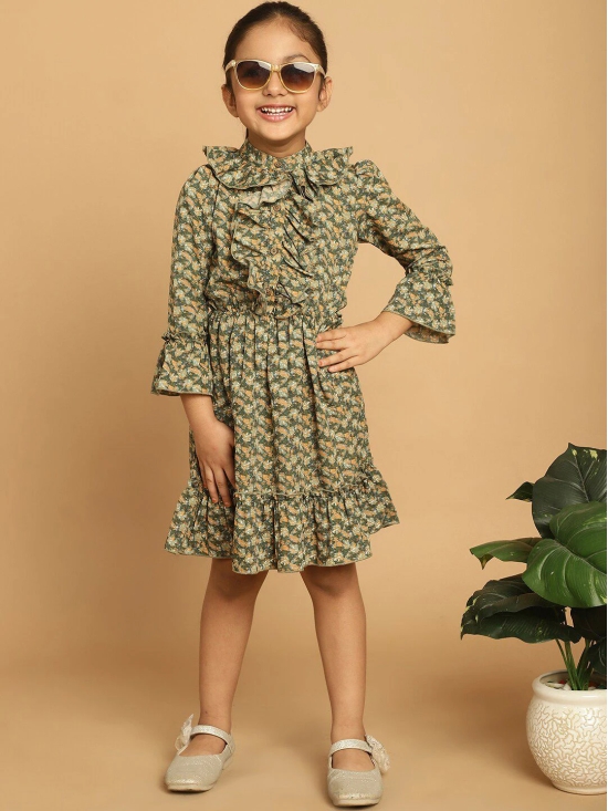 MINI & MING Girls Floral Printed Band Collar Bell Sleeve Ruffled Fit & Flare Dress