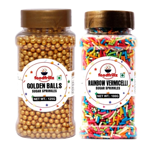 foodfrillz Golden Balls Sprinkles (125 g) & Rainbow Vermicelli Sprinkles (100 g) for Cake Decoration, Pack of 2