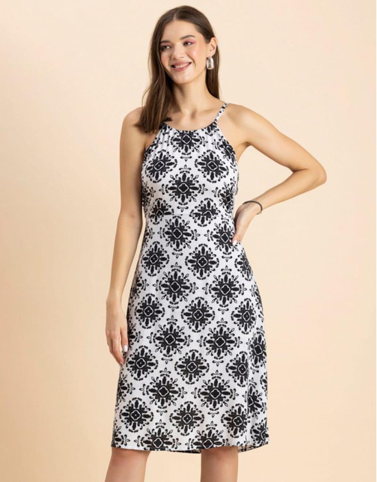 Moomaya Womens Printed Halter Neck Dress, Knee Length, Styled Back Viscose Dress