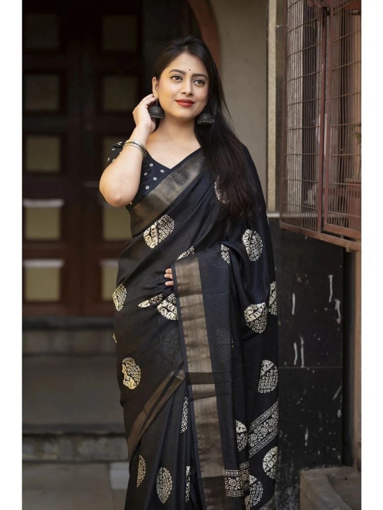 Bhuwal Fashion Cotton Printed Saree With Blouse Piece - Black ( Pack of 1 ) - Black