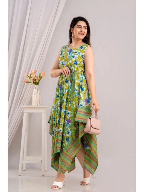 Frionkandy Cotton Printed Ankle Length Womens Asymmetric Dress - Green ( Pack of 1 ) - None