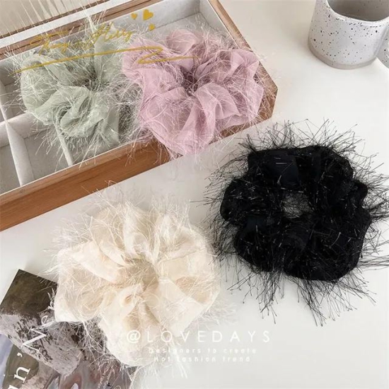 Silk scrunchie with furry detail-Black