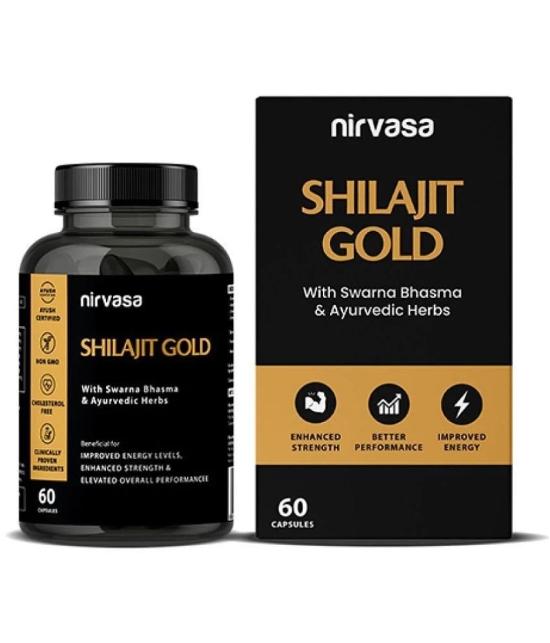 Nirvasa Shilajit Gold 60 Capsules | 100% Pure Himalayan Shilajit Original Capsules | Contains 24 Carat Gold, Gokshura, Akarkara, Triphala, Safed Musli & Ashwagandha