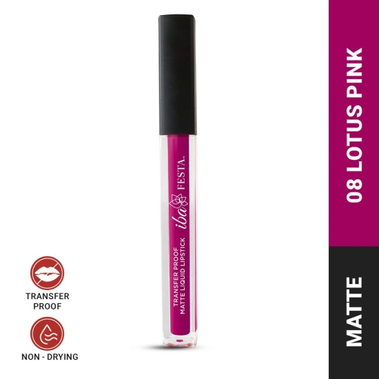 Iba Festa Transfer-Proof Matte Liquid Lipstick Shade - 08 Lotus Pink, 5ml | Non-Sticky and Non-Drying | Highly Pigmented, Long Lasting | Halal Certified & Vegan Makeup