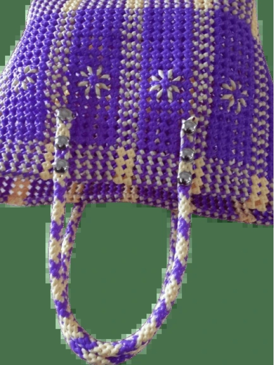  Purple and White Handwoven Plastic Tote Bag