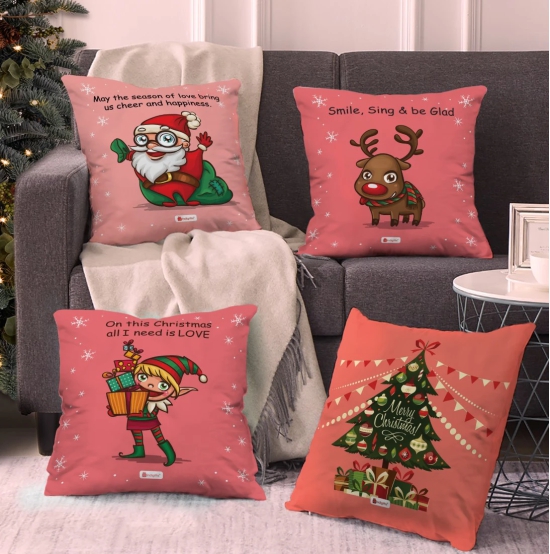 Indigifts Christmas Decorations for House Holiday Fun with Cute Christmas Characters Pink Set of 4 Cushion Cover 16x16 inches - Christmas Cushion, Xmas Decorations, Christmas Gifts