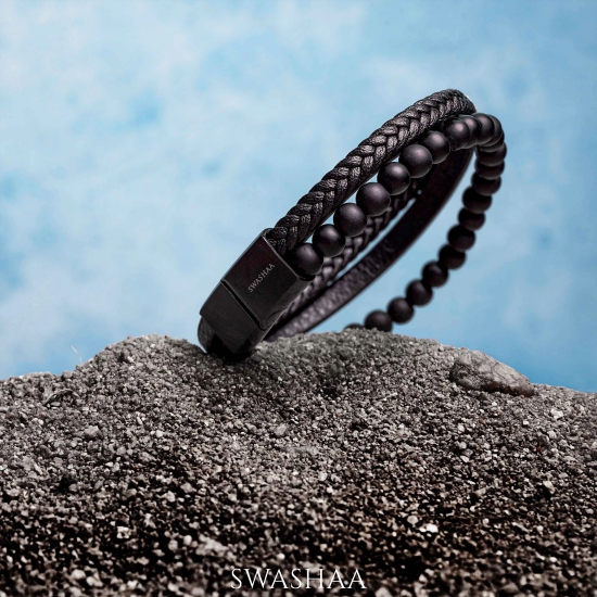 Damon Mens Leather Bracelet-Black