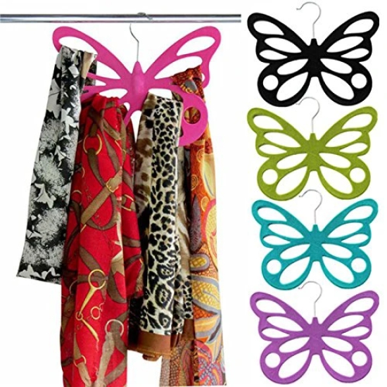 CONNECTWIDE? Flocking Butterfly Type Hanger Flocking Plastic Scarves Hangers for Tie, Scarf holders butterfly design with velvet flocculation, Non-Slip Flocked Scarf Tie Belt Clothes Wardrobe Holder Hook Hanger 12 openings, 29 x 23.5 cm. ( Pink)