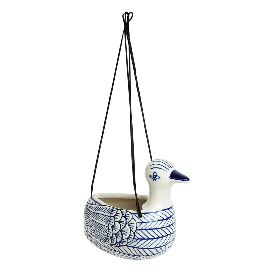 Indigo Chevron Duck Handpainted Ceramic Hanging Planter Pot (6 Inch)