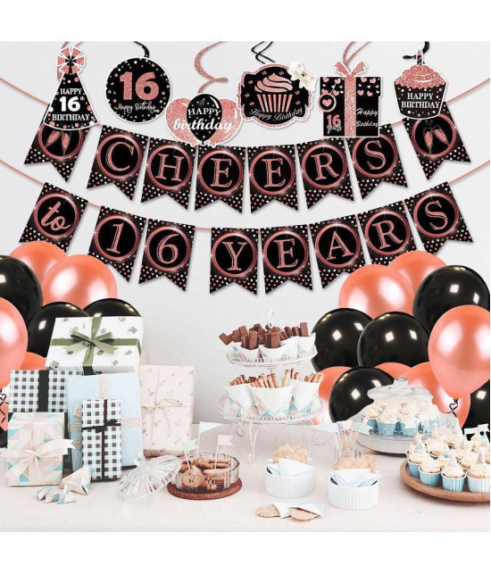 Zyozi 16th Birthday Decorations Cheers to 16 Years 16s Birthday Banner with Swirls and Balloon for Men Women Rose Gold Backdrop Wedding Anniversary Party Supplies Decorations( Pack of 32) - 