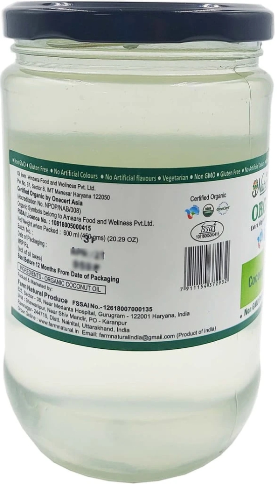 Farm Naturelle -100 % Pure Organic Extra-Virgin Cold Pressed Coconut Oil (Glass Bottle - 600 ml)