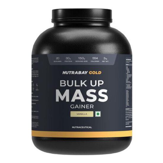 Nutrabay Gold Bulk Up Mass Gainer Powder - 3kg, Vanilla | 30g Protein, 104g Carbs, 554 Calories | Easy to Digest | 100% Veg Muscle Building & Weight Gainer Supplement for Men & Women