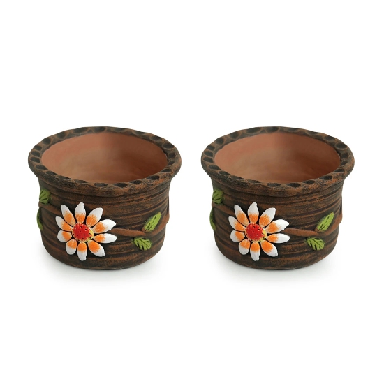 Mud Blossom Pair Handmade & Handpainted Terracotta Planter Pots (4 Inch, Set of 2)