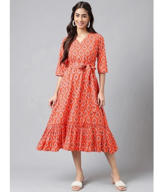 Janasya - Orange Cotton Womens Fit & Flare Dress ( Pack of 1 ) - None