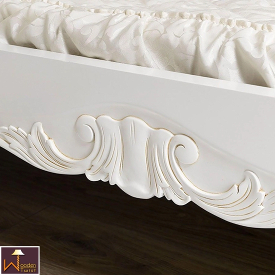 Super King Size Teak Wood Bed Hand Carved with Cushioned Design-White