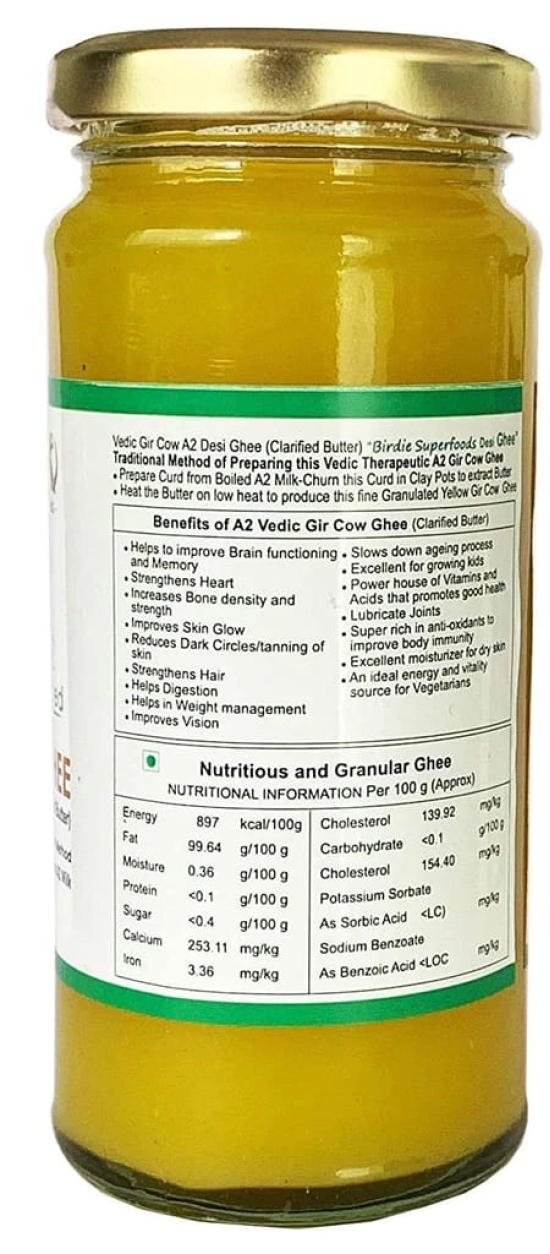 Birdie Superfoods -100% Pure A2 Gir Cow Desi Ghee Through Vedic Bilona Method (Glass Bottle- 250 mlx2 combo )