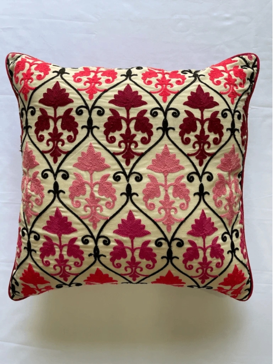 Floral Embroidered Fine Cotton Pink Color Cushion Cover - 16x16 Size