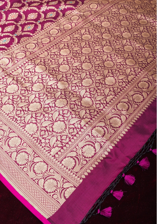 Exquisite Meenakari  Arches Jaal Banarasi Katan Silk Saree in Plum | SILK MARK CERTIFIED