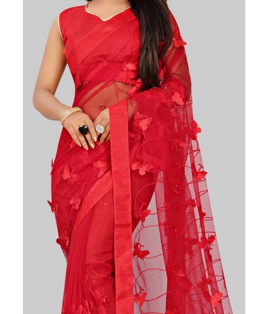 Gazal Fashions - Red Net Saree With Blouse Piece ( Pack of 1 ) - Red