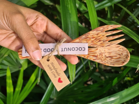 Coconut Wood Spoon & Fork (2 Spoon + 2 Fork)-Brown