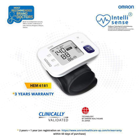 Omron HEM 6181 Fully Automatic Wrist Blood Pressure Monitor with Intelligence Technology, Cuff Wrapping Guide and Irregular Heartbeat Detection for Most Accurate Measurement (White)