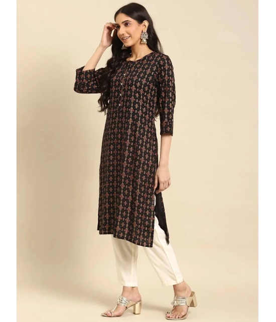 Rangita Women Rayon Black Gold Printed Calf Length Straight Kurti - None