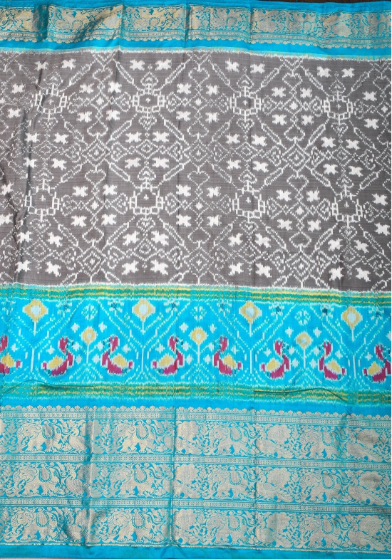 Gray Ikkat Patola  Kanjivaram Fusion Silk Saree with wide zari border |SILK MARK CERTIFIED