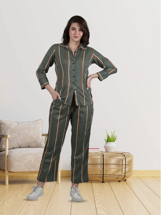 OWO THE LABEL Cord set for women stripe printed cords party wear and daily use shirt and bottom (OTL-CRD-1301)-Large / Green / Rayon Cotton