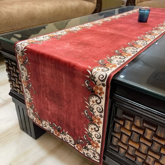 Printed Holland Velvet Dining Table Runner-Red