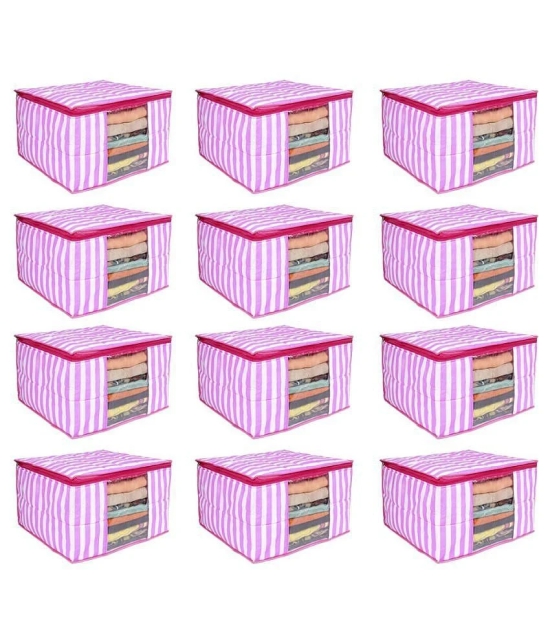 PrettyKrafts 3 layered Quilted saree Cover Bag/wardrobe organizer with transparent window (Pack of 12), Pink Stripes