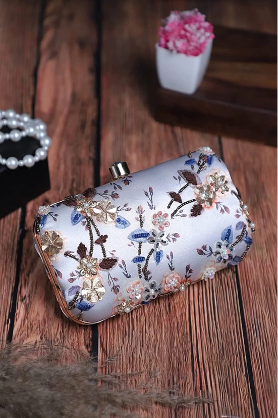 Embellished Women Hand Clutch cum sling bag White with Multi Color