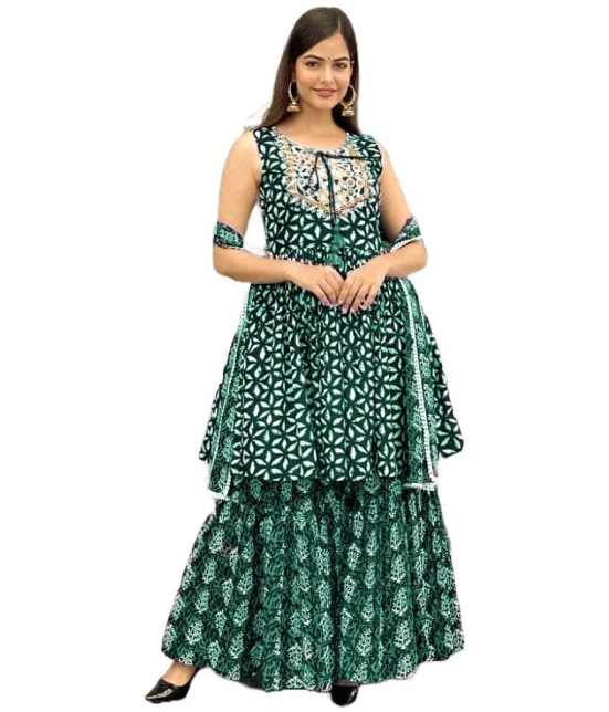 Itemzon Viscose Printed Ethnic Top With Palazzo Womens Stitched Salwar Suit - Dark Green ( Pack of 1 ) - None