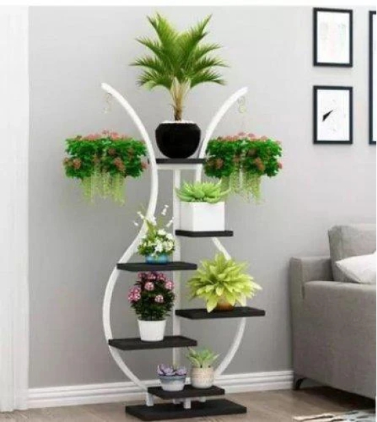 Decorative Iron 6 Tier Flower Pot Holder Shelf Indoor & Outdoor Metal Plant Stand Space Saving Garden Planter for Multiple Pots-White & Black