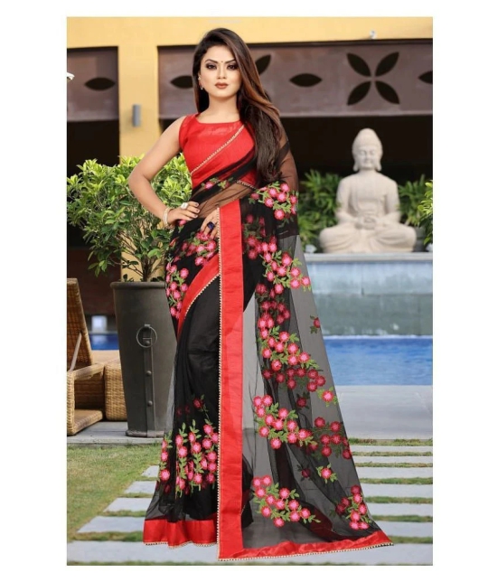 Gazal Fashions - Black Net Saree With Blouse Piece (Pack of 1)