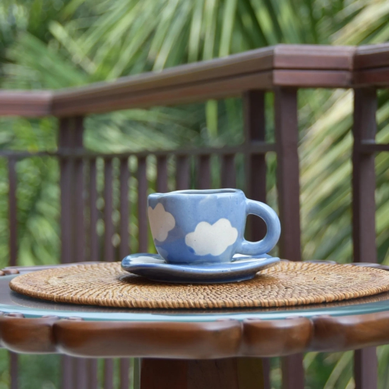 Blue Sky and Clouds Ceramic Mug and Saucer Set-Regular