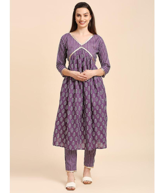 gufrina Cotton Printed Kurti With Pants Womens Stitched Salwar Suit - Purple ( Pack of 1 ) - None