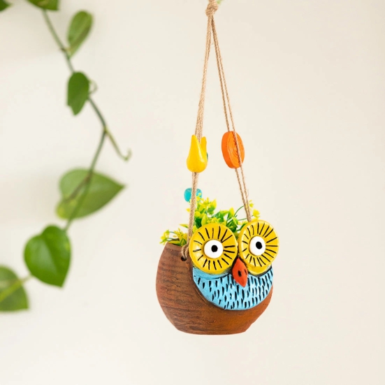 Night Owl Hanging Planter Pot In Terracotta (5.6 Inch, Handmade & Hand-Painted, Brown)