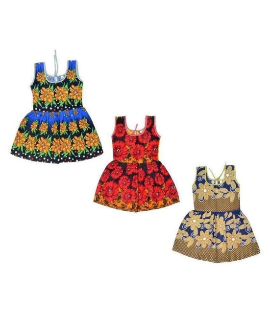 Sathiyas Blue, Red and Beige Girls Gathered Cotton Frock Pack of 3 - None