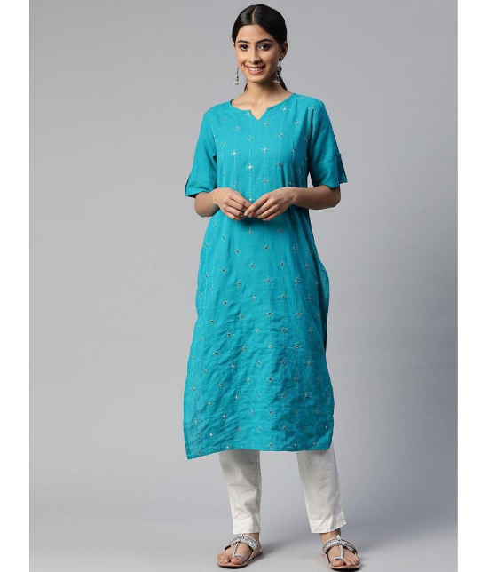 SVARCHI - Turquoise Cotton Women's Straight Kurti ( Pack of 1 ) - None