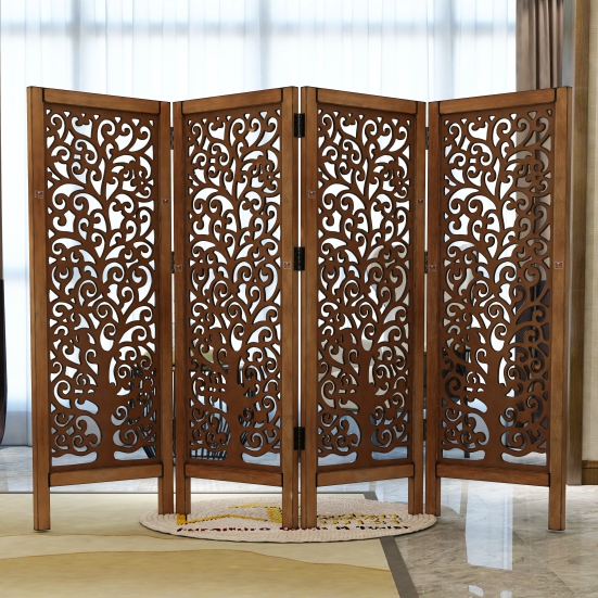 Low Height Solid Wood Room Divider Separator Wooden Partition 4 Panel ( Brown )-Brown