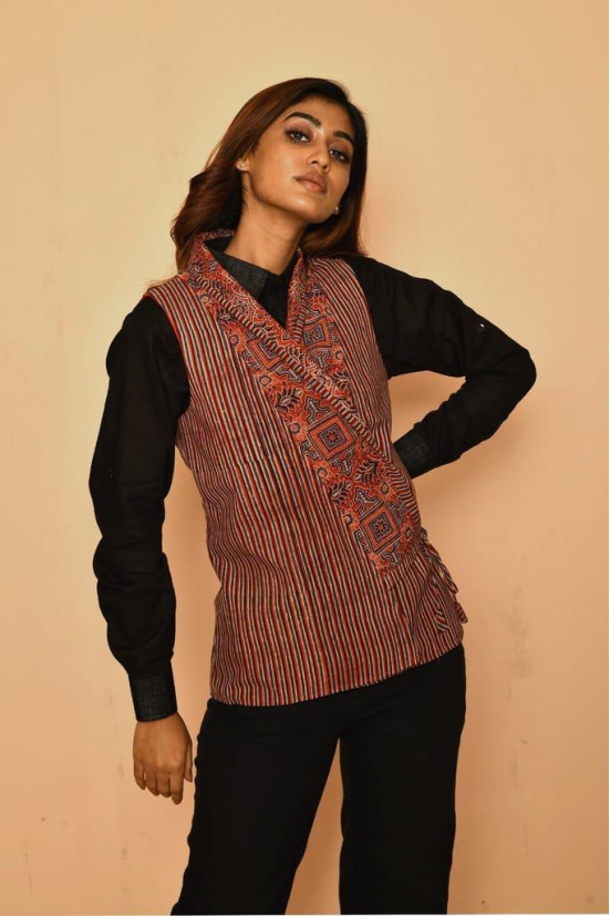 Red cotton Ajrakh natural dye shawl jacket for women