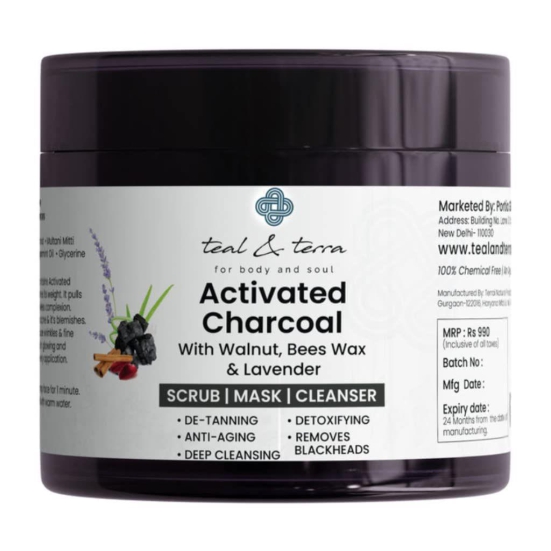 Teal & Terra Premium Activated Charcoal Scrub Mask || For Pimple/Acne, Removes Blackheads & Fresh Glowing Skin || Fighting Pollution and Lightening Skin || Paraben Free (100gm)