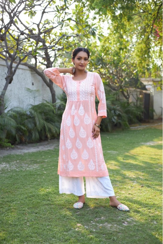 Modal Chikankari Nyra Kurti- Blue-Peach / M