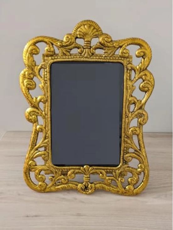 Aarna Creations Hand Crafted Big Metal Photo Frame| Beautiful Photo Frame in Royal Carving| Antique Style Golden Photo Frame big