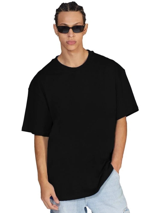 Leotude Cotton Blend Oversized Fit Solid Half Sleeves Mens Round T-Shirt - Black ( Pack of 1 ) - None