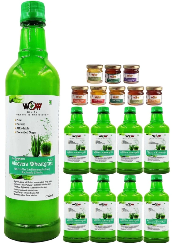 WOW ZIP - GO HERBS & NUTRITION Aloevera Wheatgrass Juice 750Ml 4+4 Free ( Pack of 8) and Free Raw Honey 55g x8