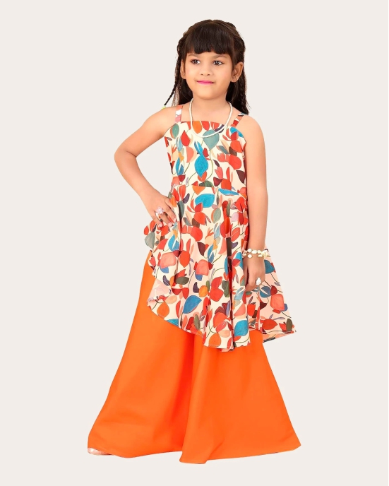 Girls Printed Stylish Flared Palazzo With Crop Top-Orange / 8 - 9 Years