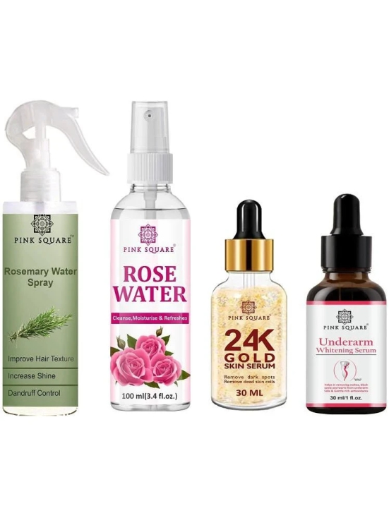 Rosemary Water Hair Spray 100ml, Hydrating Fresh Rose water 100ml, 24K Gold Serum 30ml & Underarm Whitening Serum 30ml Combo 4