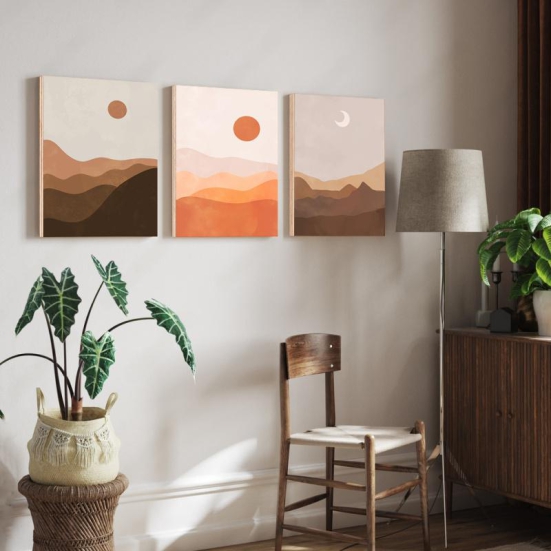 Moon Phase Abstract Boho Wood Print Wall Art Set of 3-23 X 35 Inches Each / Pinewood Thickness: 6mm