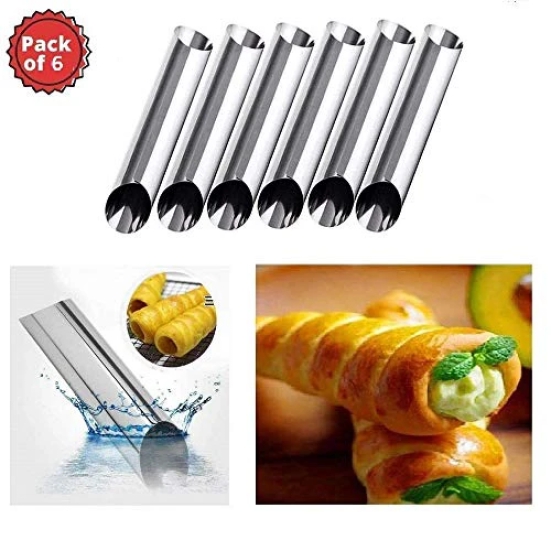 Magnusdeal 6 Pcs DIY Non-Stick Stainless Steel Baking Tubes Set. Spiral Horn Pastry Cream Roll Tubes/Mold/Cannoli Forms/Croissant Shell Metal Ice Cream Roll/Funnel Shape/Kitchen/Party